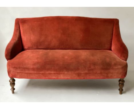 SOFA, 19th century mahogany with faded crimson velvet upholstery and turned front supports, 143cm W. (slight faults) 