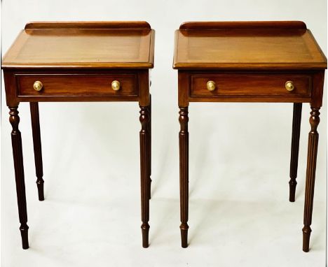 LAMP/SIDE TABLES, a pair, George III design, walnut crossbanded each with frieze drawer and reeded supports, 54cm W x 45cm D 