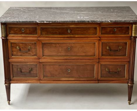 DIRECTOIRE COMMODE, late 18th century French, mahogany and gilt metal mounted, with marble top above three short and two long