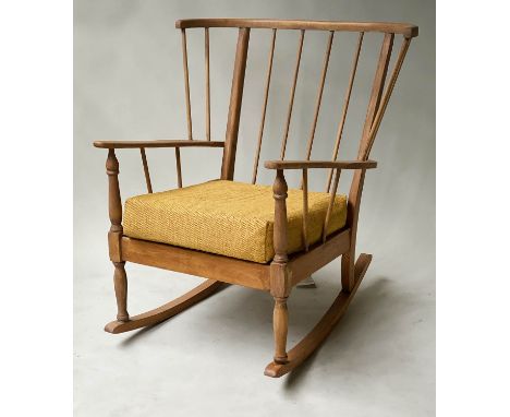 ERCOL ROCKING ARMCHAIR, vintage, beech and elm bentwood, with enclosing stick back, 78cm W. 
