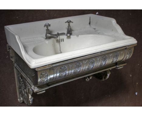 BATHROOM SINK, late 19th century style ceramic and cast iron with French taps, 60cm H x 69cm W x 51cm D and an iron toilet ci