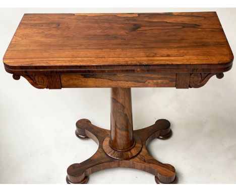 CARD TABLE, William IV rosewood with rounded rectangular fold over baize lined top on column and quadraform base, 91cm W x 45