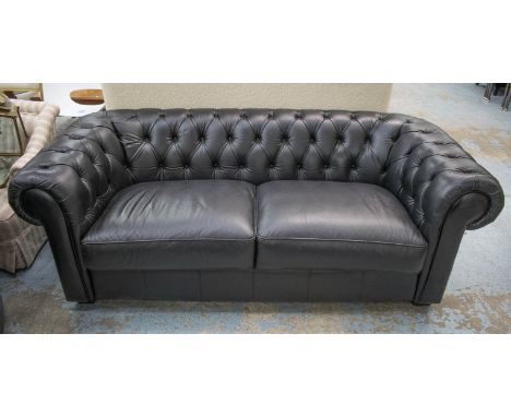 CHESTERFIELD SOFA, buttoned black leather 200cm W. (similar but slightly different to previous lot) 