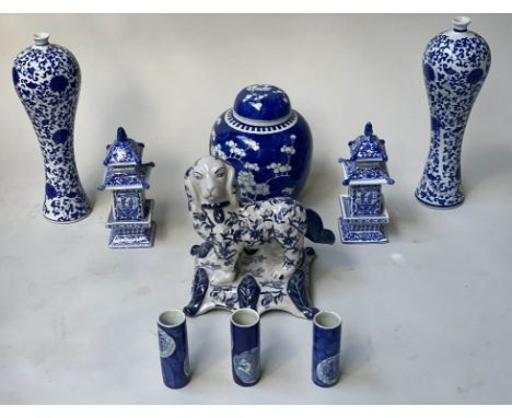 CHINESE CERAMICS, a group of blue and white Chinese ceramic ware including two pairs of vases, a ginger jar and dog figure, e
