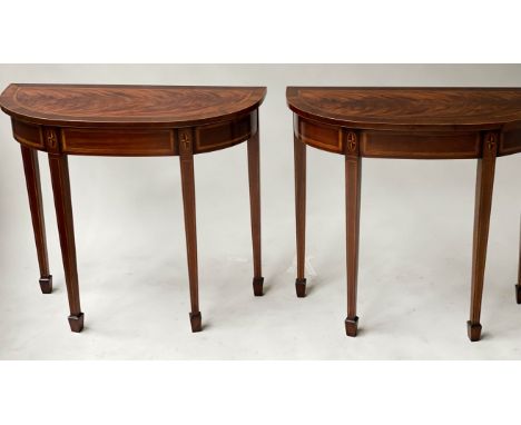 CONSOLE TABLES, a pair, George III design, flame mahogany and satinwood cross banded, with square tapering supports, 77cm W x