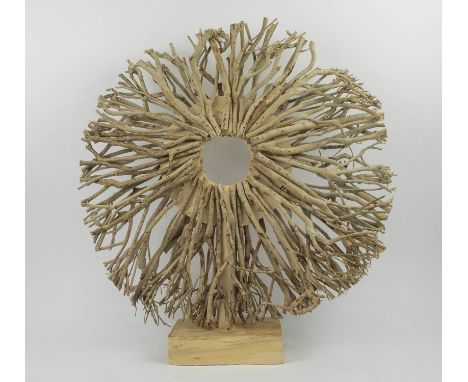 NATURAL WOOD SCULPTURE, together with a  table candelabra, 62cm H sculptue, 70cm L candelabra. (2) 