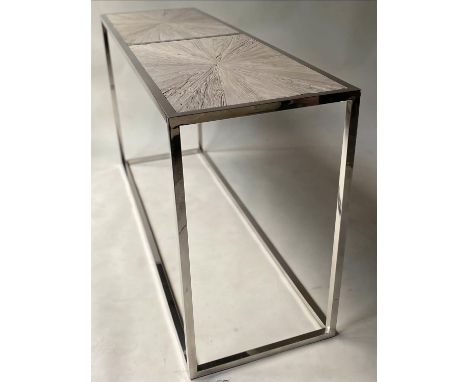 CONSOLE TABLE, rectangular chrome framed with radial driftwood panels, 160cm x 50cm x 87cm H. 