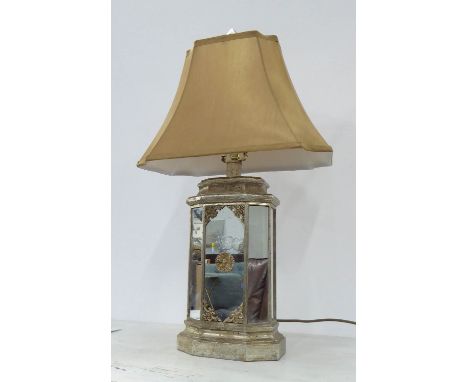 SIDE LAMP, mirrored, with a silk shade, 76cm overall. 