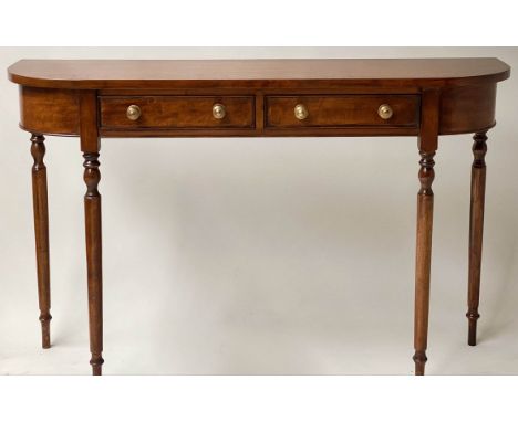 CONSOLE/HALL TABLE, George III design, satinwood, of shallow D form, with two frieze drawers, 120cm W x 33cm D x 76cm H. 