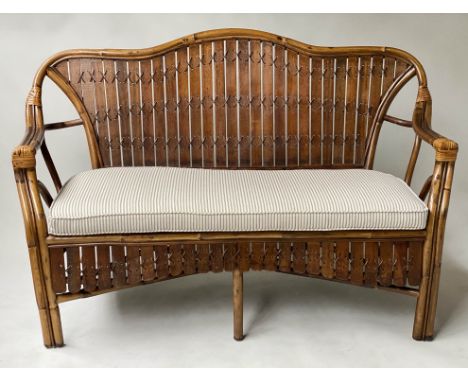 RATTAN SOFA, vintage ranch style, cane bound rattan and shaped slats, 140cm W. 