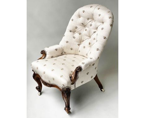 ARMCHAIR, Victorian walnut with 'bee' woven fabric, button back and carved cabriole supports, 58cm W. 