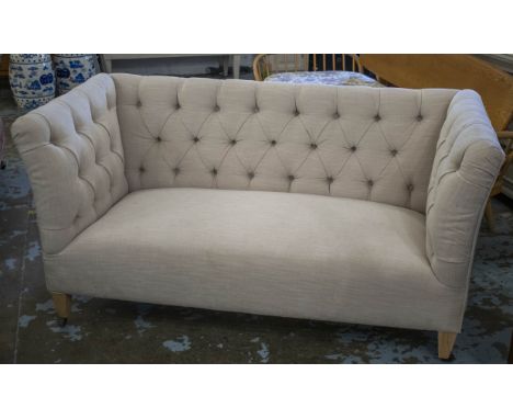 SOFA, buttoned fawn upholstery, 77cm H x 153cm W x 80cm D. 