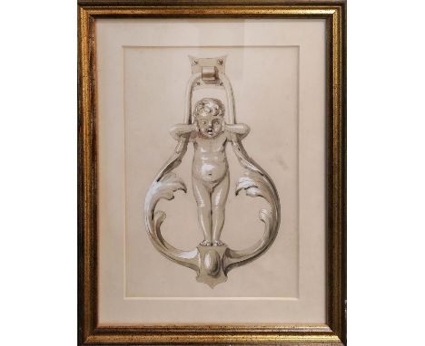 19th CENTURY SCHOOL 'Illustration of a Door Knocker', watercolour and body colour, 23cm x 15cm, framed. 