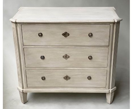 COMMODE, Gustavian style grey painted and silvered metal with three long drawers and fluted corner angles, 90cm x 45cm x 80cm