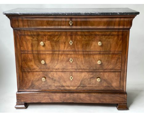 COMMODE, 19th century French Louis Philippe, figured and gilt metal mounted, with marble top and walnut, four long drawers, 1