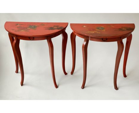 CONSOLE TABLES, a pair, early 20th century Chinese, red lacquer, each demi lune with gilt Chinoserie decoration, 76cm x 40cm 