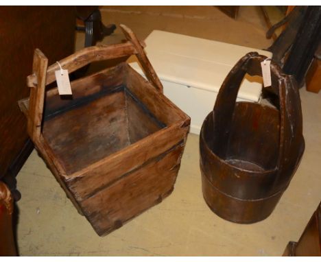 A Victorian painted pine trunk and two Chinese grain buckets, largest bucket 45cm wide, depth 41cm, height 67cm
