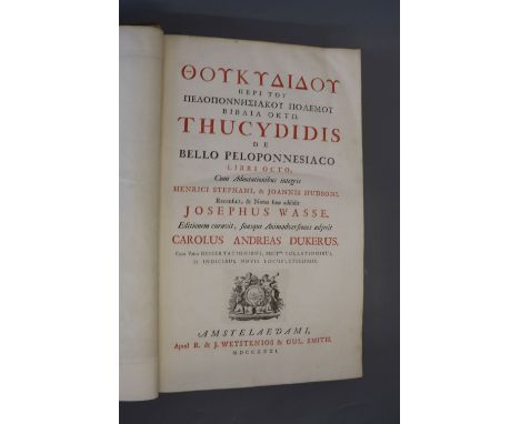 Thucydides - Thuaydidis de bello Peloponnesiaco ..., folio, calf, front board and front fly leaf detached, with engraved fron