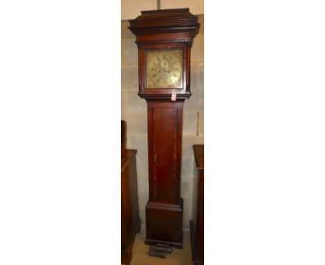 A brass faced eight day grandfather clock, Nantwich maker, height 218cm, width 55cm, depth 28cm
