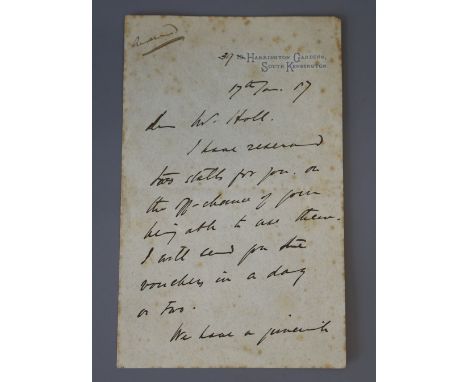 Gilbert, William Schwenck, Sir. An autograph letter, dated 17th Jan. 1887, 2pp, 12mo, to an artist Mr [Frank] Hall, advising 