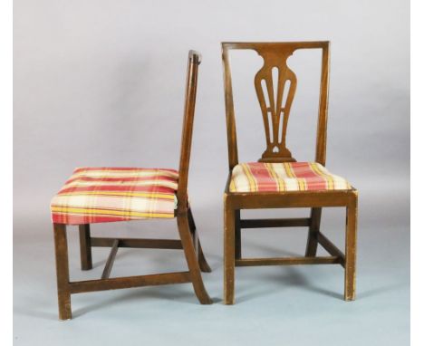 A set of ten George III country Chippendale mahogany dining chairs, with pierced splats and drop in seats, on moulded chamfer