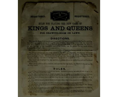 A Rules leaflet for THE NEW GAME OF KINGS AND QUEENS. For the Drawing Room or Lawn, late 19th Century