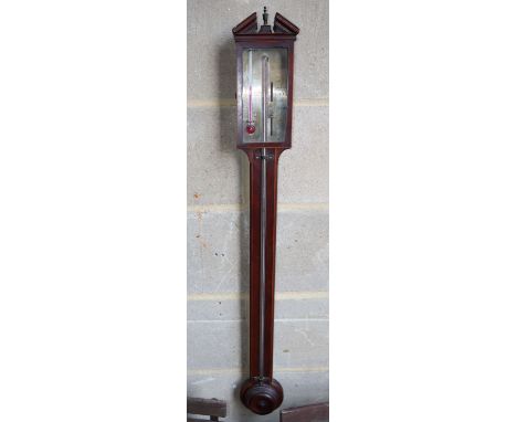 A George III mahogany stick barometer by P. Poschal, Bedford, width 13cm, length approx. 97cm