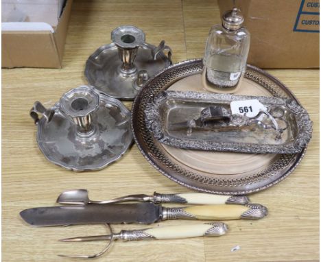 A plated snuffer tray, a spirit flask, a pair of chamber sticks and sundries