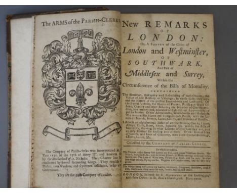 London: New Remarks of London, 8vo, half calf, wood engraved frontis piece Coat of Arms, contemporary manuscript index of chu