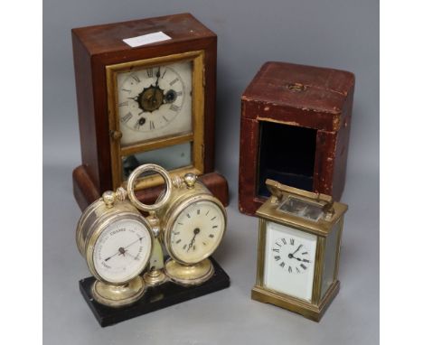 A French lacquered brass carriage timepiece combined barometer and one other, desk timepiece width 16cm, and a mantel timepie