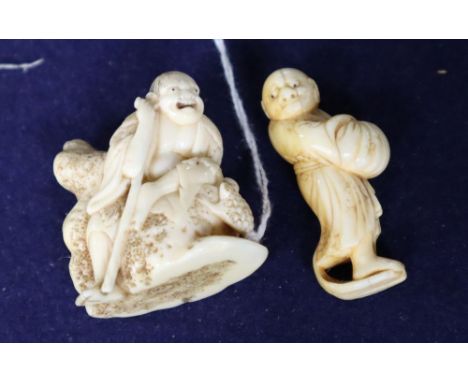 A 19th century Japanese ivory netsuke of Gama Sennin, unsigned, and a similar netsuke of a rakan, signed.