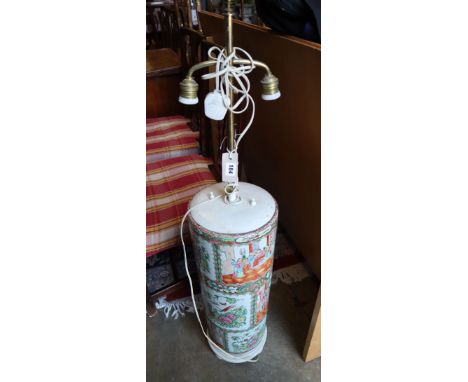 A Cantonese cylindrical famille rose stick and umbrella stand converted into a lamp, approx. 112cm high