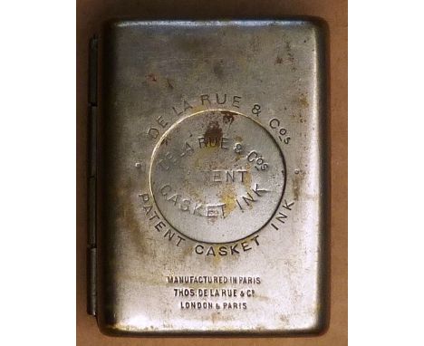 A 19th Century De La Rue &amp; Co Silver metal Casket Inkwell in original metal case. 55 mms high.