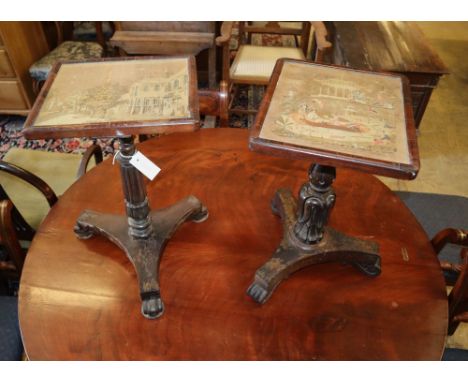 Two small tables with tapestry glass tops, width 32cm, depth 37cm, height 53cm, width 34cm, depth 31cm, height 54.5cm