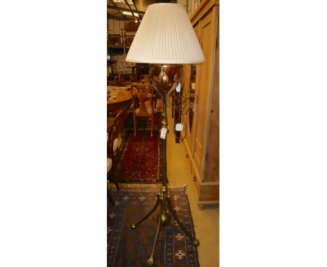 A W. A. S. Benson style brass and copper standard telescopic oil lamp, late 19th century, having knopped column (one knop sta