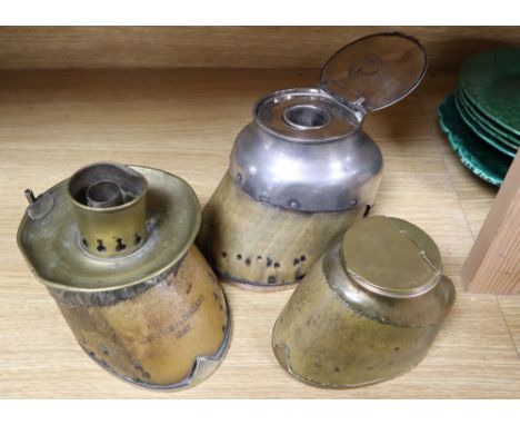 A Victorian horse hoof lamp, engraved 'Justice to Ireland 1887' and two hoof inkwells, one marked Rowland Ward, tallest 14cm
