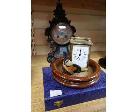 A brass carriage clock, height 11cm, a French mantel clock, a coaster and a Schuco-type robin