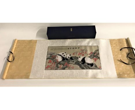 CHINESE SILK EMBROIDERED SCROLL PANELnew and in box, depicting pandas in a tree with red leaves, with Chinese character poem/