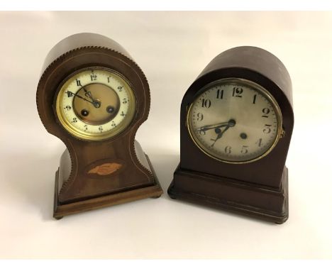 EDWARDIAN MAHOGANY AND INLAID CARTOUCHE SHAPED MANTEL CLOCK with eight day French movement; and a another mahogany mantel clo