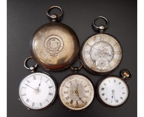 FIVE VICTORIAN AND LATER SILVER CASED POCKET AND FOB WATCHEScomprising a full hunter pocket watch with white enamel dial , Ro