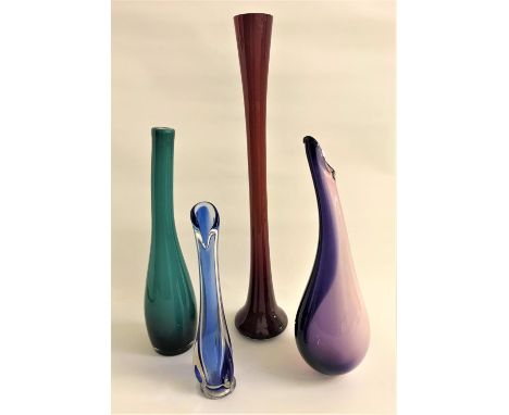 FOUR COLOURFUL GLASS VASESincluding a two tone pink and purple example with curved neck, 34.7cm high, a long necked red vase,