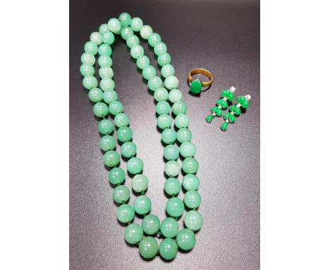 JADE COLOURED HARD STONE BEAD NECKLACEwith individually knotted beads, 88cm long; together with pair of jade coloured hard st