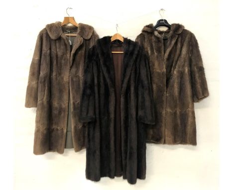 THREE LADIES CONEY FUR COATSall with side pockets in dark, medium and light brown (3) 