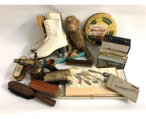 MIXED LOT OF COLLECTABLESincluding a set of ladies white leather ice skates, a brass hand help blow lamp, a Kodak 2A Brownie 
