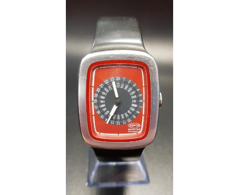 IKEPOD WATCH CO. AUTOMATIC WORLD TIME 'MANITEE' LIMITED EDITION WRISTWATCHMarc Newson Design, no. 0502, the rectangular red d