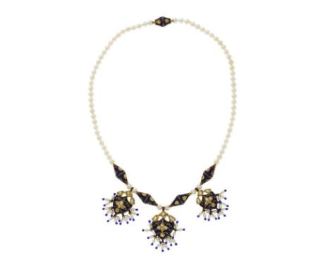 ?Parure en or émaillé meenakari perles de culture et diamants en incrustation kundan Jaipur XXe s composée d'un collier de pe