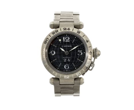 Cartier Pasha montre-bracelet automatique en acierSignée Cartier réf. 2550 n°823090CDCadran noir à décor d'un globe chiffres 