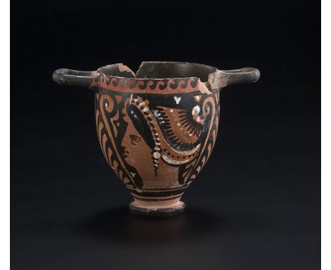 ?Skyphos ovoïde sur talon en terre cuite à figure rouge Apulie IVe s. décor de deux profils féminins palmettes sous les anses