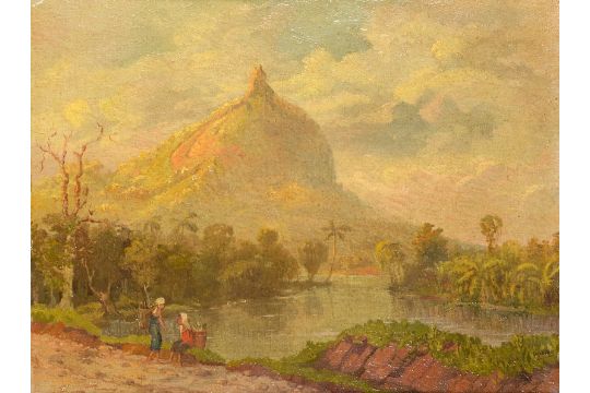 Wakidi 1889 1979 Gunung Serillo By The Lematang River At Lahat Signed Board 25 X 32 Cm