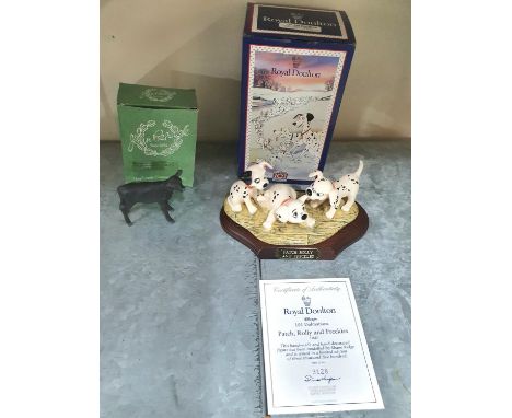 Royal Doulton 101 Dalmatians, Patch, Rolly &amp; Freckles, no 3128 with COA and box together with a small boxed Beswick black